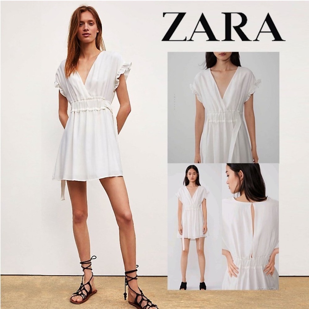 ZARA RUFFLE SLEEVE WAIST TIE WHITE IVORY MINI DRESS small